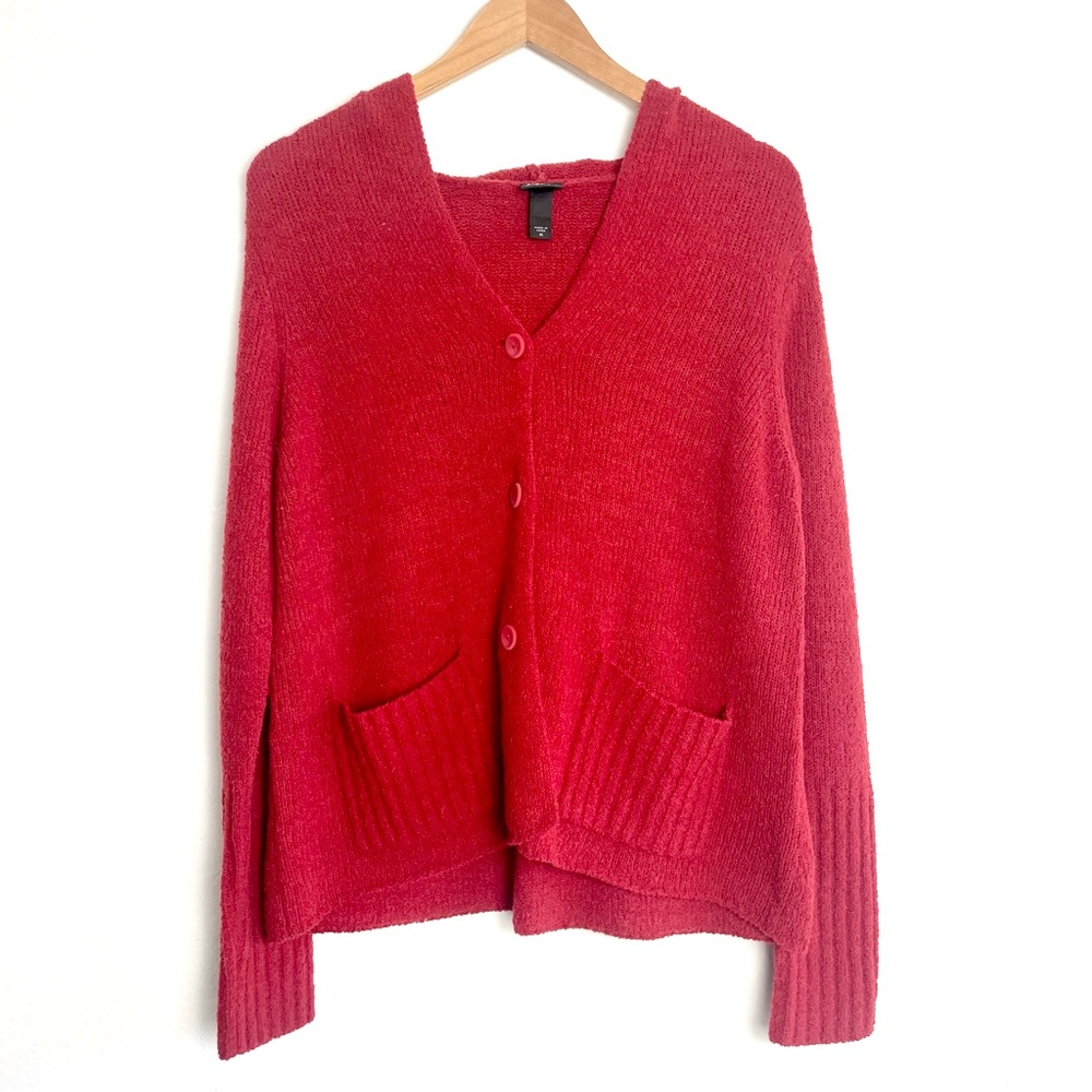 Eileen Fisher Rust Hooded V-Neck Button Down Wool Blend Cardigan